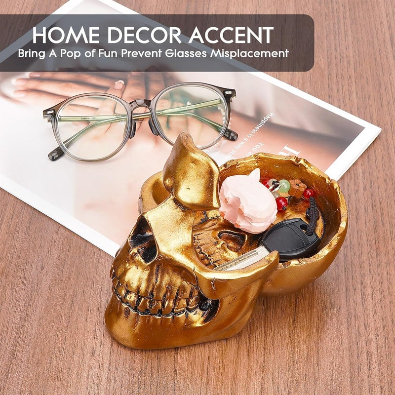 BUNCHBRAVO Skull Glasses Holder with Tray - Gothic Resin Eyeglasses Stand and Sunglasses Organizer for Entryway, Home, Office, Desk, Gold Tone - Image 4